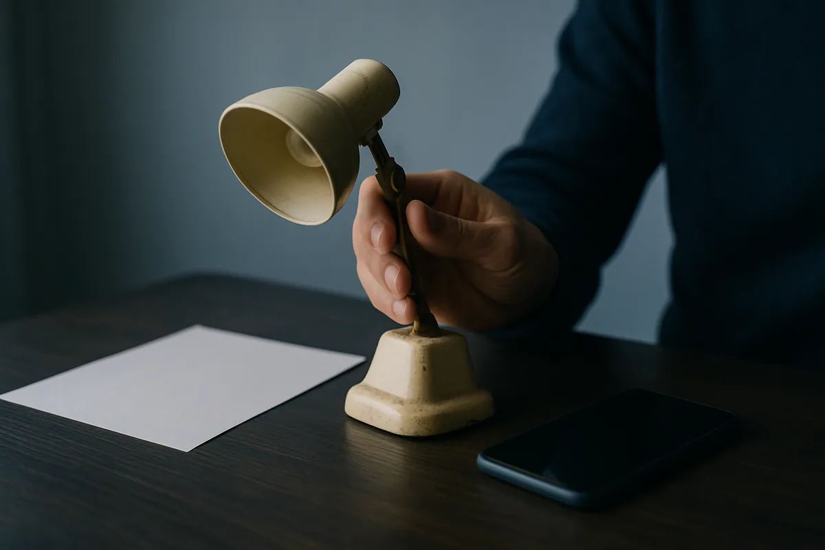 Image générée par IA, une main tient un objet d'occasion au-dessus d'une table où sont posés une feuille de papier et un téléphone portable.