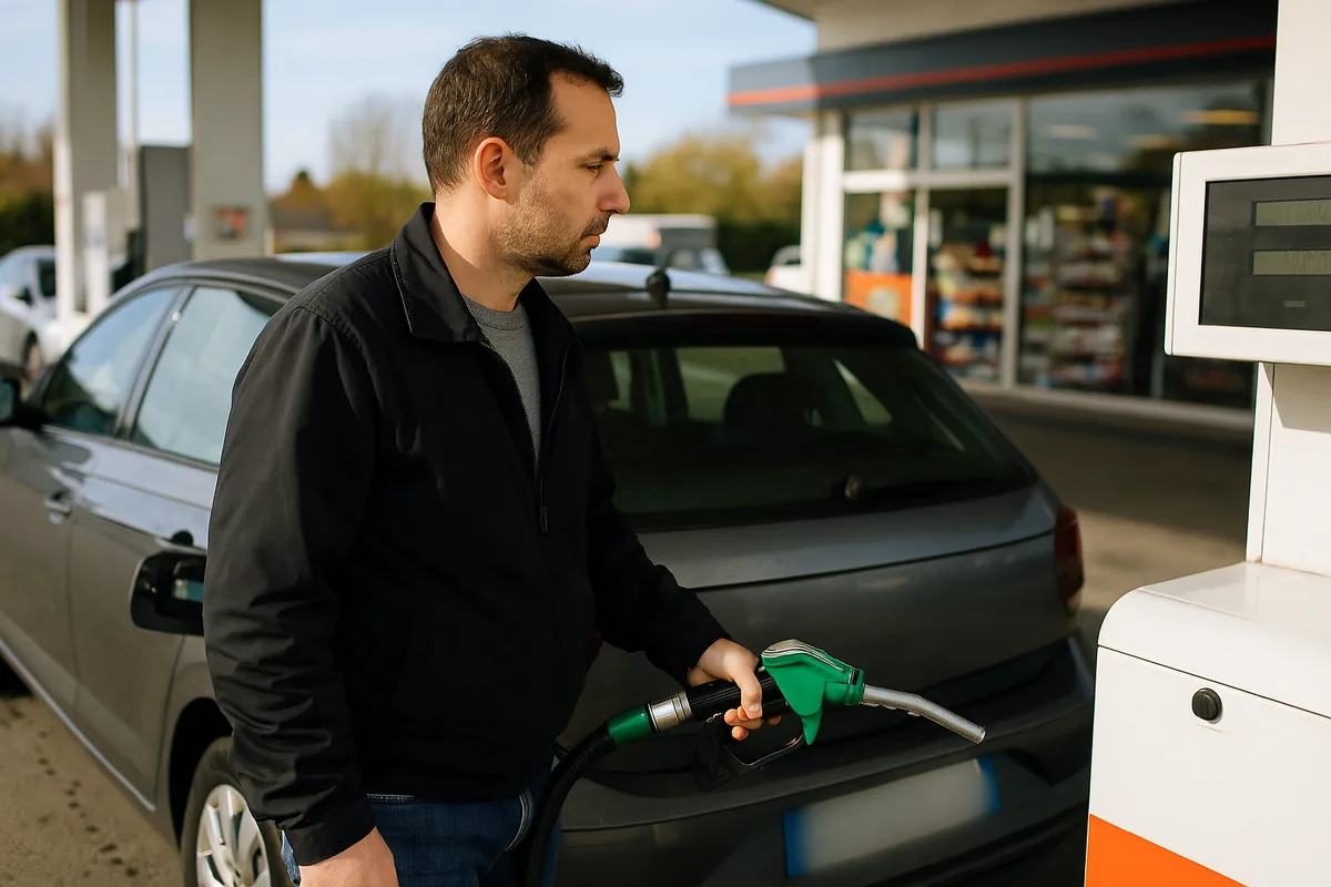 Une main fait le plein de carburant dans une station-service.