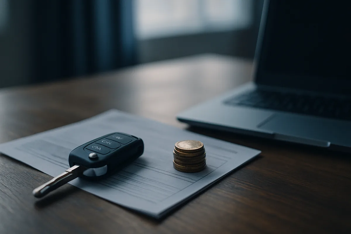 Image générée par IA, une clé de voiture, des pièces de monnaie et un formulaire posés sur une table.