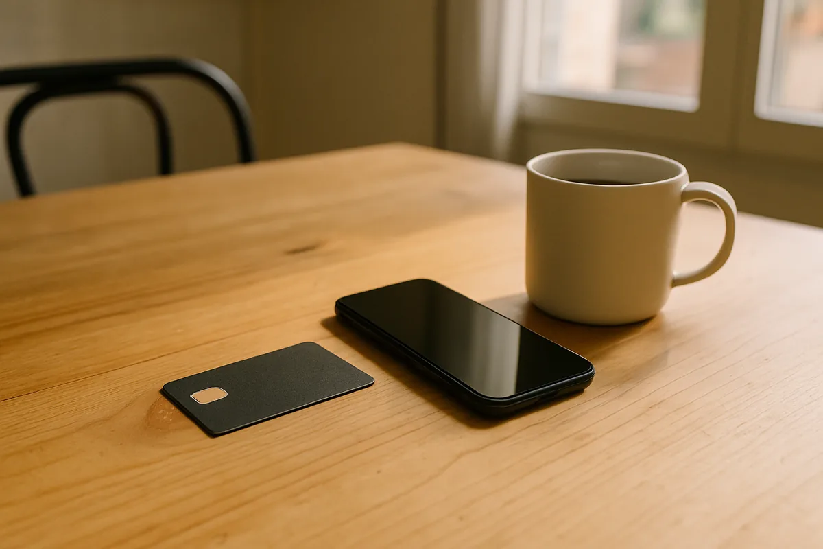 Une carte bancaire et un téléphone posés sur une table de cuisine, une main au repos à côté