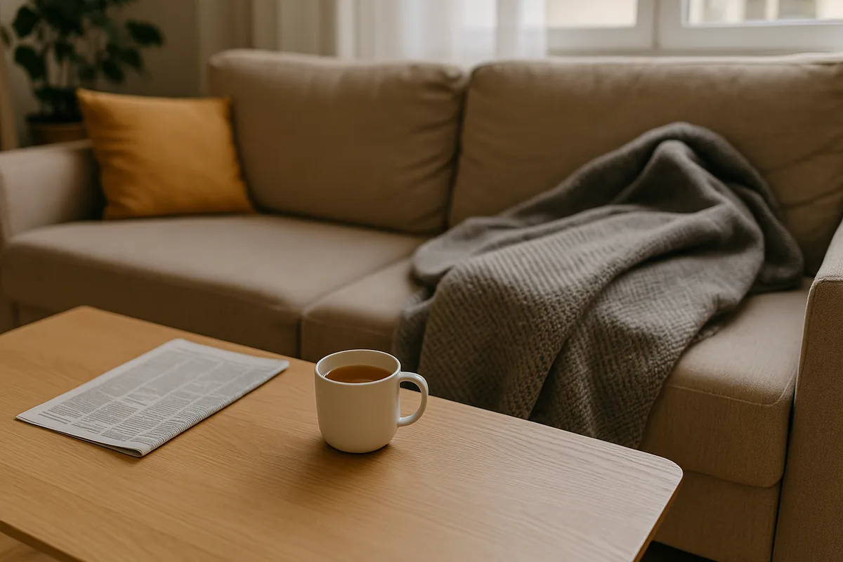 Personne assise sur un canapé avec un plaid et une tasse de tisane
