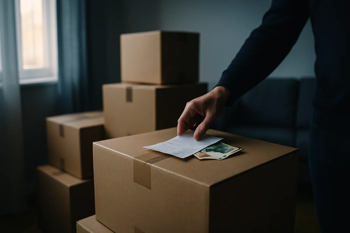 Image générée par IA, des cartons de déménagement empilés dans un salon vide, une main pose un reçu et quelques billets sur une caisse.