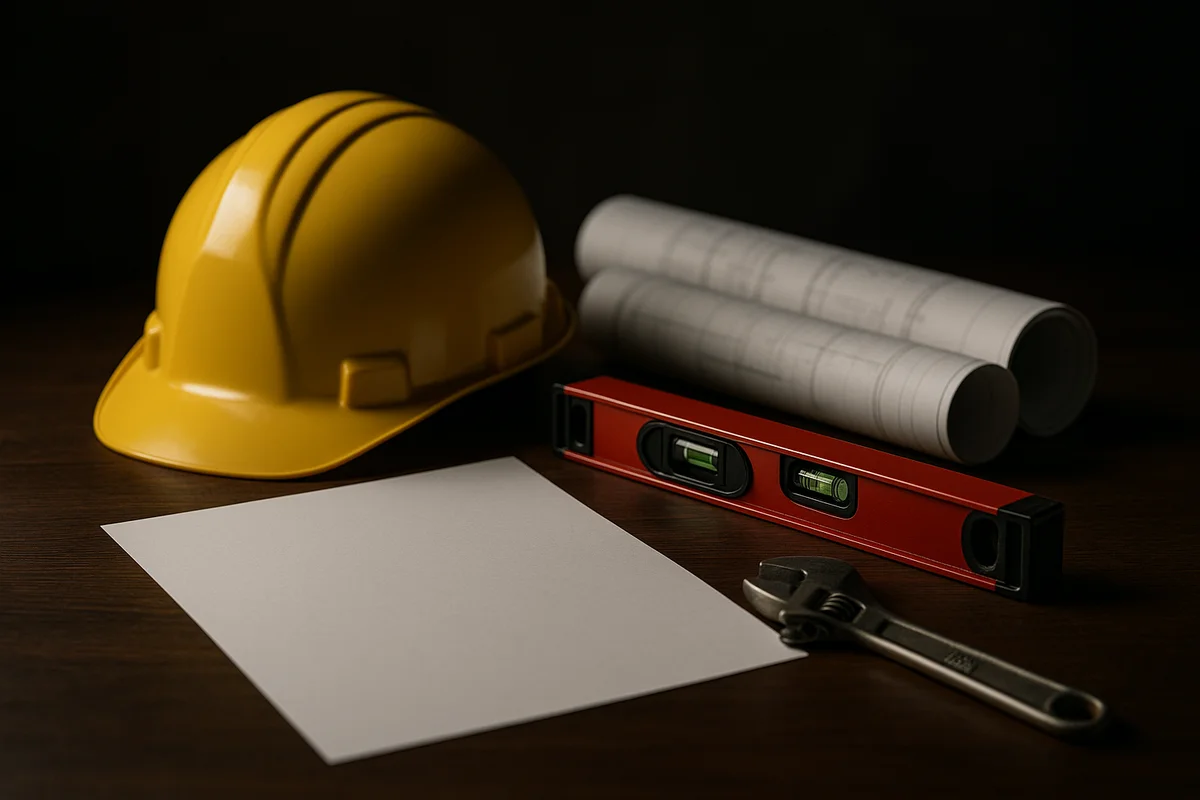 Image générée par IA, un casque de chantier, un niveau à bulle, des plans enroulés et une clé sur un bureau sombre.