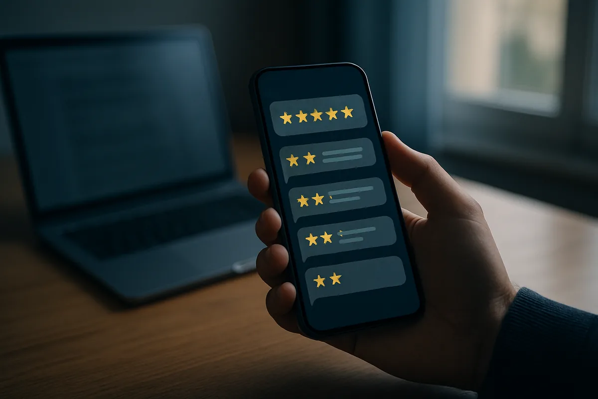 Image générée par IA, une main tient un smartphone affichant une série d'étoiles de notation près d'un ordinateur portable posé sur un bureau.
