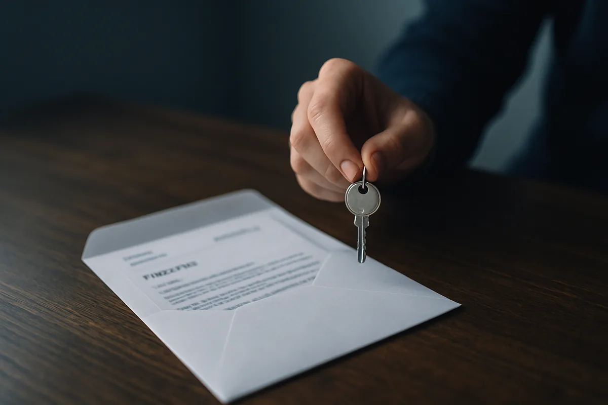 Image générée par IA, une main tient une petite clé de maison à côté d'une enveloppe ouverte sur une table.