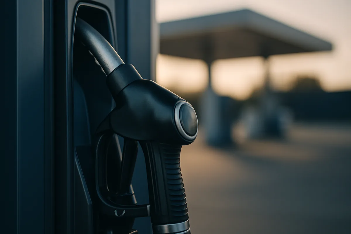 Image générée par IA, un pistolet de pompe à carburant remisé dans sa station-service.