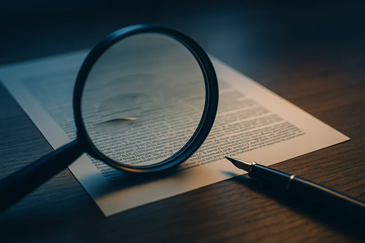 Image générée par IA, une loupe posée sur les petites lignes d'un contrat, avec un stylo à côté.
