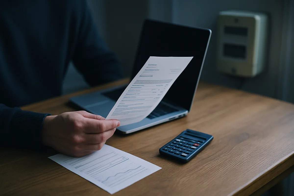 Image générée par IA, une main tient une facture d'énergie posée sur une table de cuisine à côté d'un ordinateur portable et d'une calculatrice.