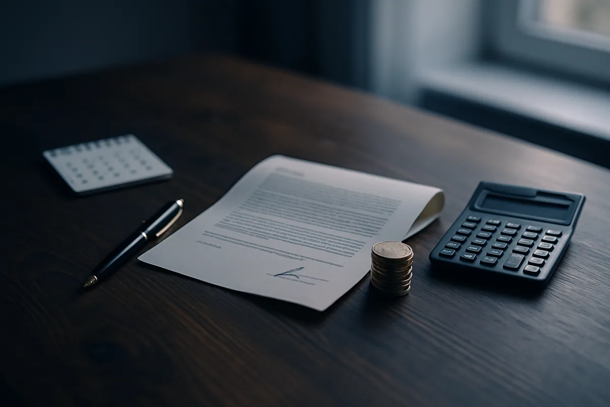 Image générée par IA, un bureau avec un calendrier, un stylo, une calculatrice, un contrat plié et quelques pièces de monnaie.