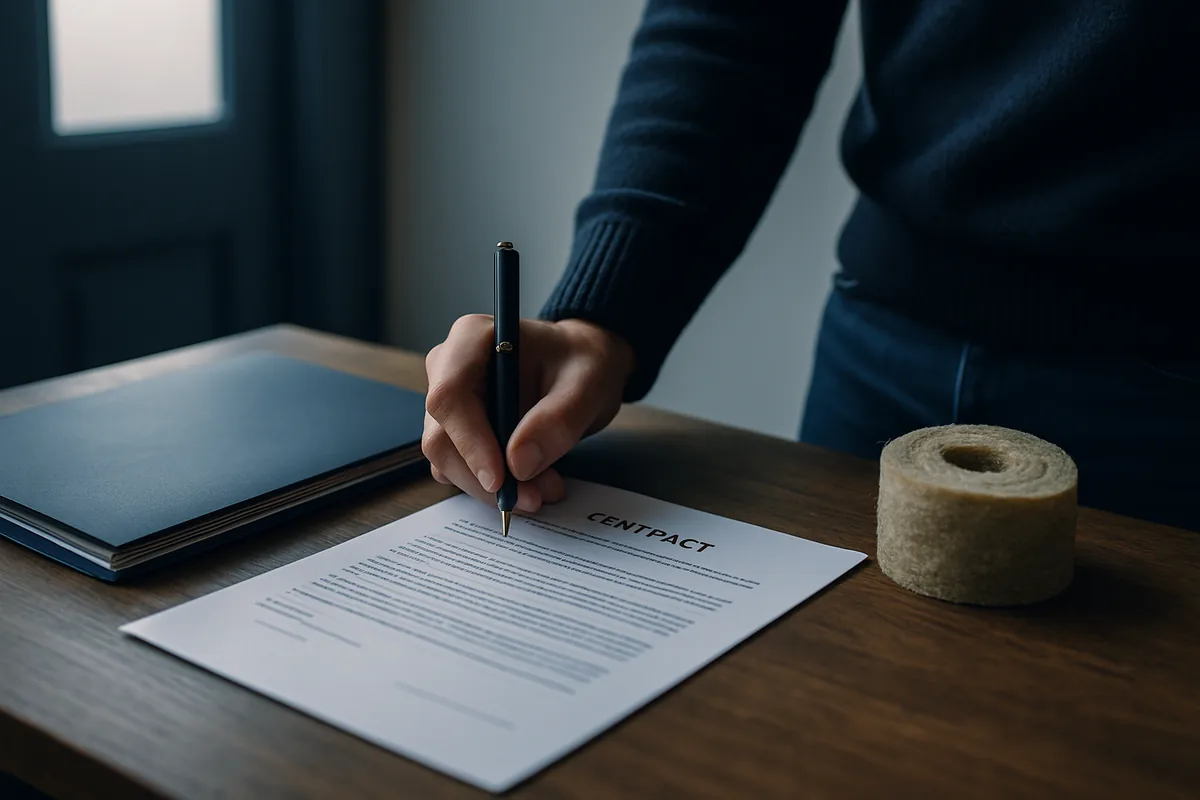Image générée par IA, une main tient un stylo au-dessus d'un contrat posé sur une table à côté d'un dossier et d'un rouleau d'isolant.