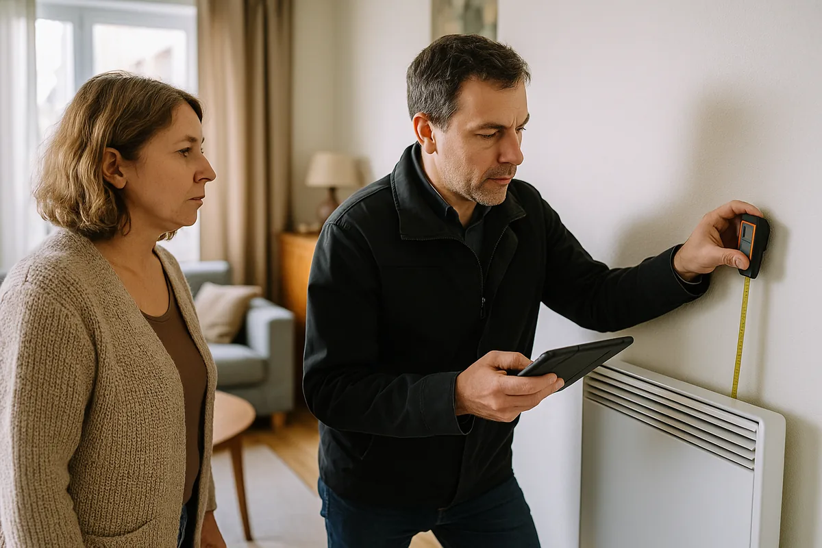 Un diagnostiqueur examine un radiateur électrique dans un appartement.
