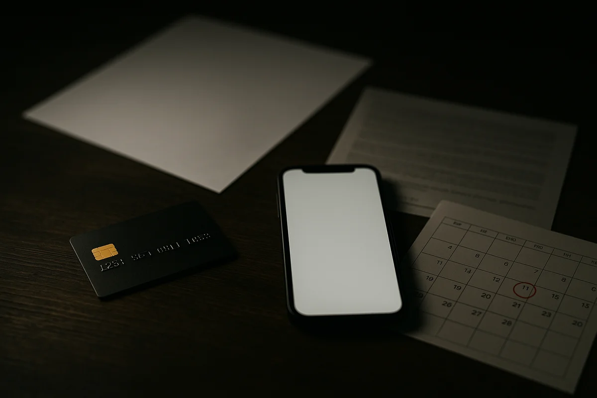 Image générée par IA, une carte bancaire, un smartphone et un calendrier posés sur un bureau sombre.