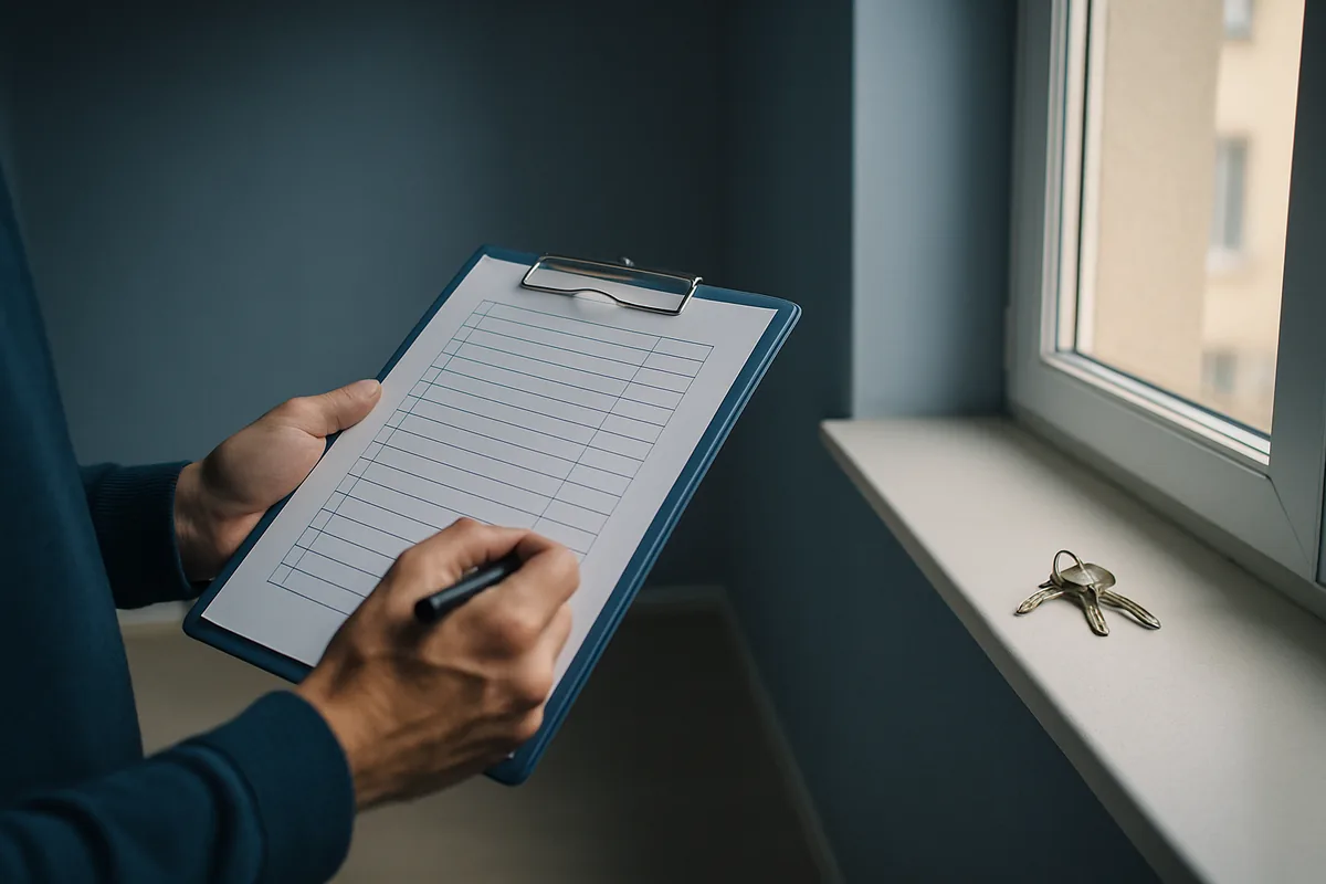 Image générée par IA, mains tenant une liste de contrôle devant une pièce vide lors d'un état des lieux.