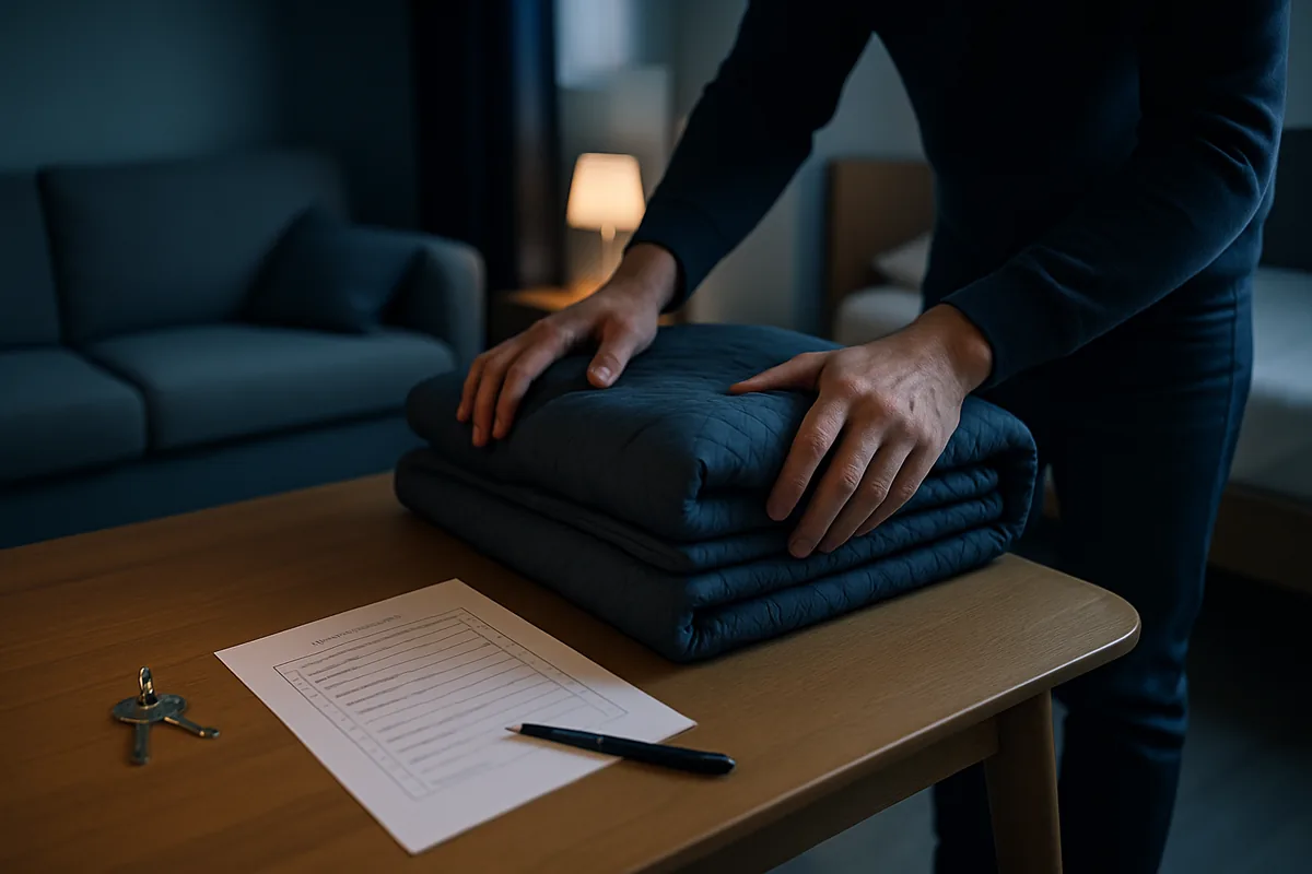 Image générée par IA, mains vérifiant un inventaire de mobilier posé sur une table dans un studio meublé.