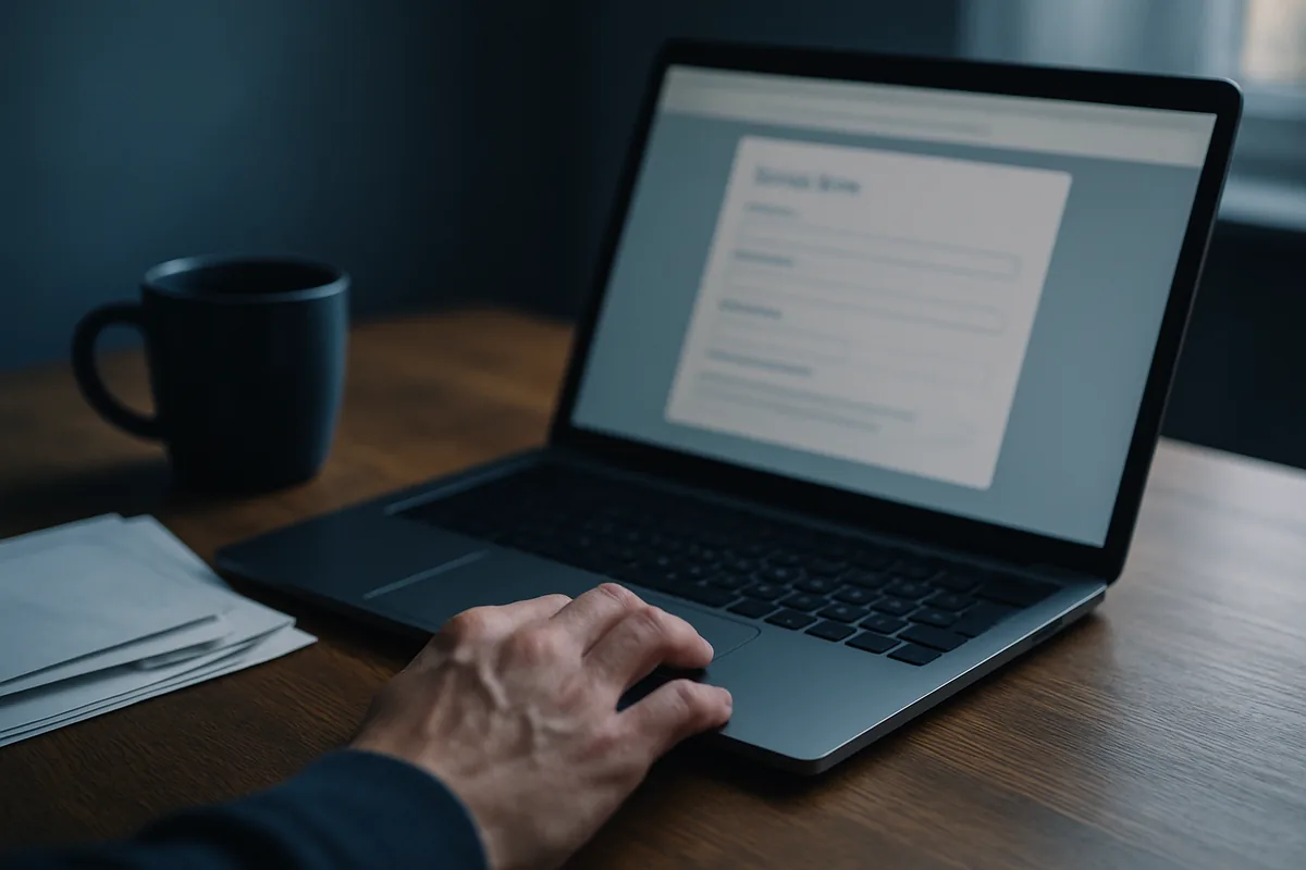 Image générée par IA, une main utilise un ordinateur portable devant des papiers pliés sur un bureau.