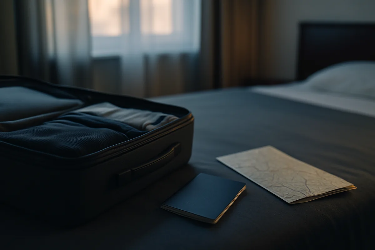 Image générée par IA, une valise, un carnet fermé et une carte dépliée posés sur un lit de chambre d'hôtel.