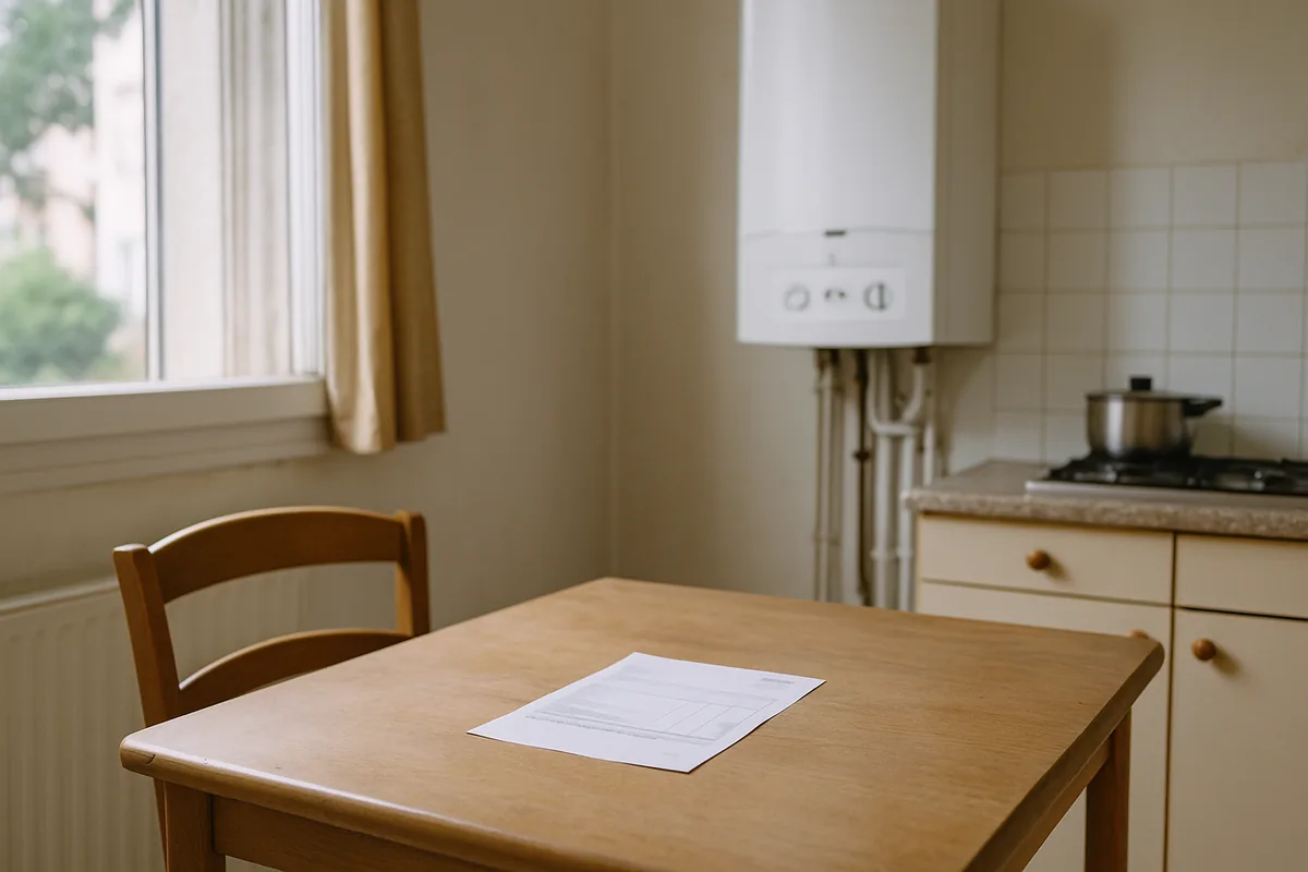 Femme consultant sa facture de gaz dans sa cuisine