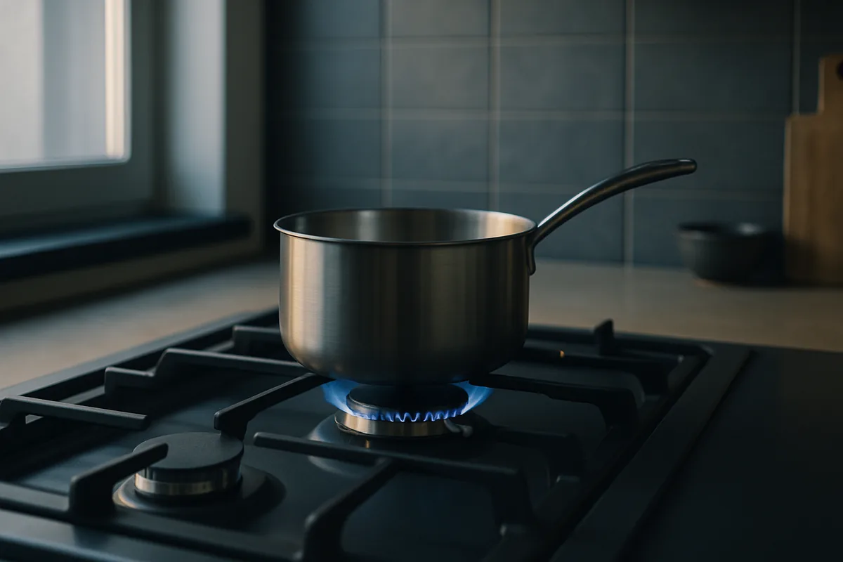 Image générée par IA, une plaque de cuisson au gaz avec une petite flamme bleue sous une casserole vide.