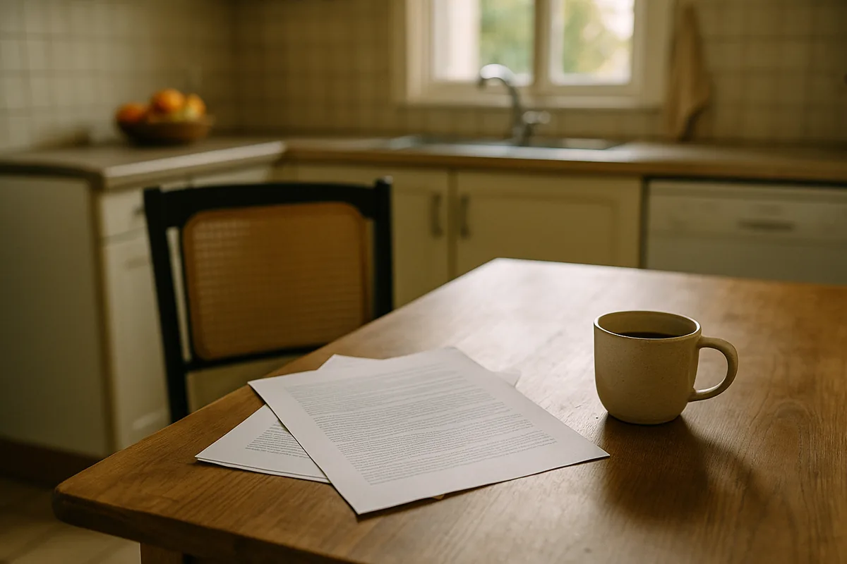 Une retraitée à sa table de cuisine avec des papiers