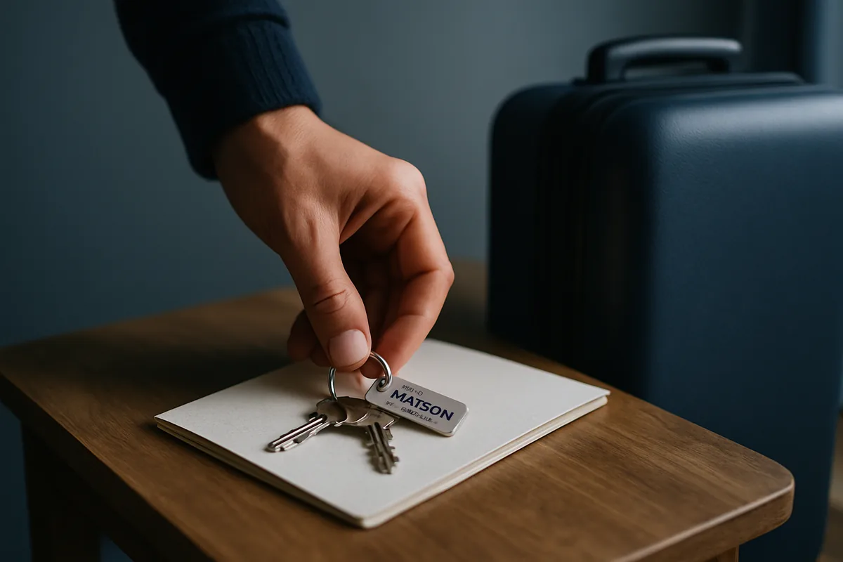 Image générée par IA, une main dépose un trousseau de clés sur une table d'entrée en bois à côté d'un guide d'accueil plié, près d'une petite valise.