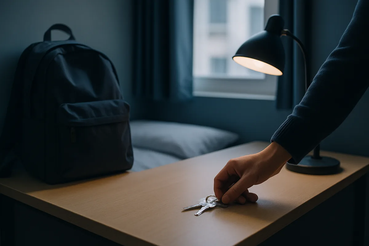 Image générée par IA, une main pose un trousseau de clés sur un bureau dans une petite chambre étudiante meublée.