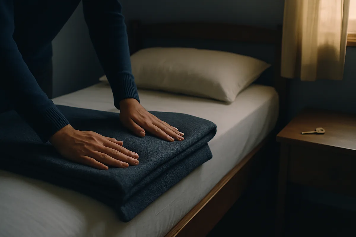 Image générée par IA, des mains lissent une couverture pliée sur un lit une place dans une petite chambre chaleureuse, avec une clé posée sur la table de chevet.