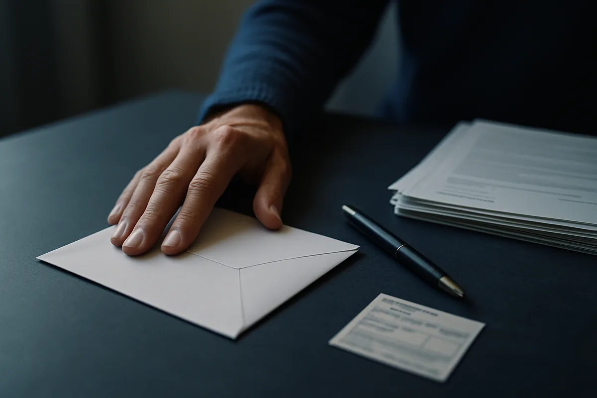 Image générée par IA, une main fait glisser une enveloppe blanche cachetée sur une table, à côté d'un stylo, de documents papier et d'un reçu postal.