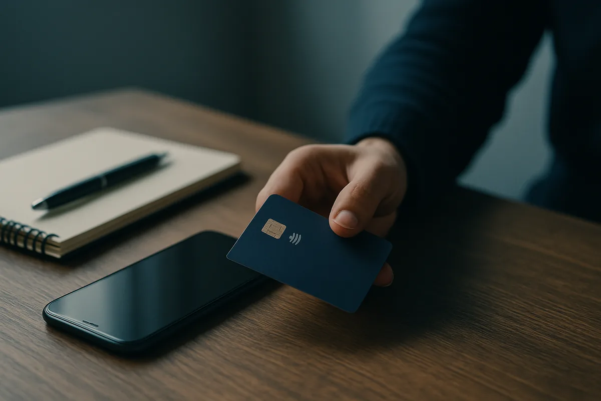 Image générée par IA, une main tient une carte de paiement à côté d'un smartphone posé sur un bureau en bois.