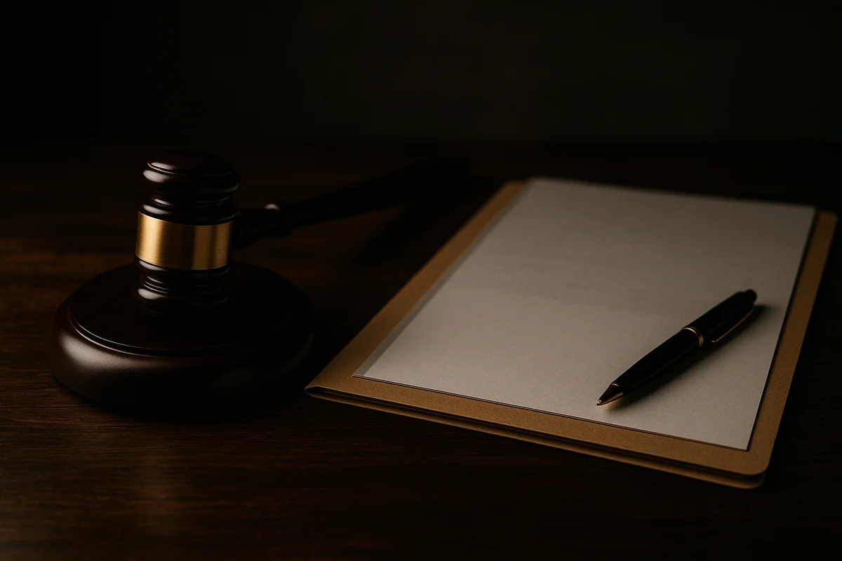 Image générée par IA, un petit marteau de juge en bois et une pochette de documents sur un bureau sombre.