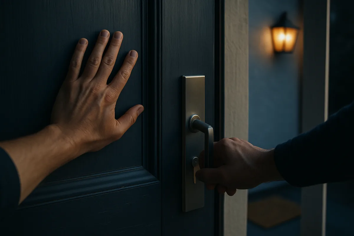 Image générée par IA, une porte d'entrée que l'on tient fermée de l'intérieur, tandis qu'une main est posée sur la poignée à l'extérieur.
