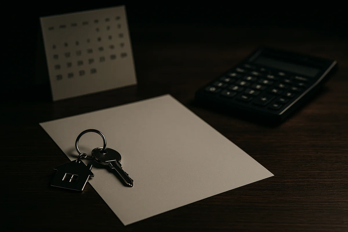Image générée par IA, un trousseau de clés, un calendrier et une calculatrice sur un bureau sombre.