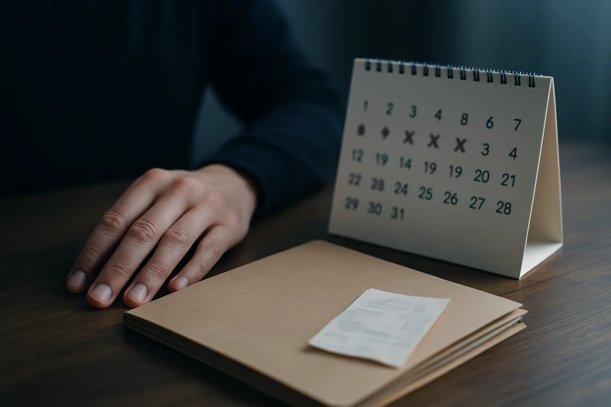 Image générée par IA, une main posée près d'un calendrier de bureau dont plusieurs jours sont barrés, à côté d'un dossier cartonné et d'un ancien ticket de caisse.