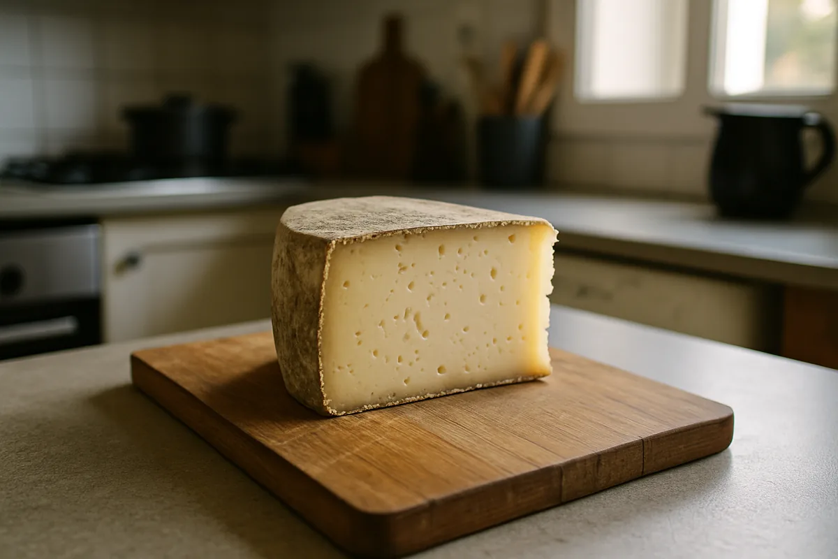 Tome de montagne posée sur une planche de cuisine