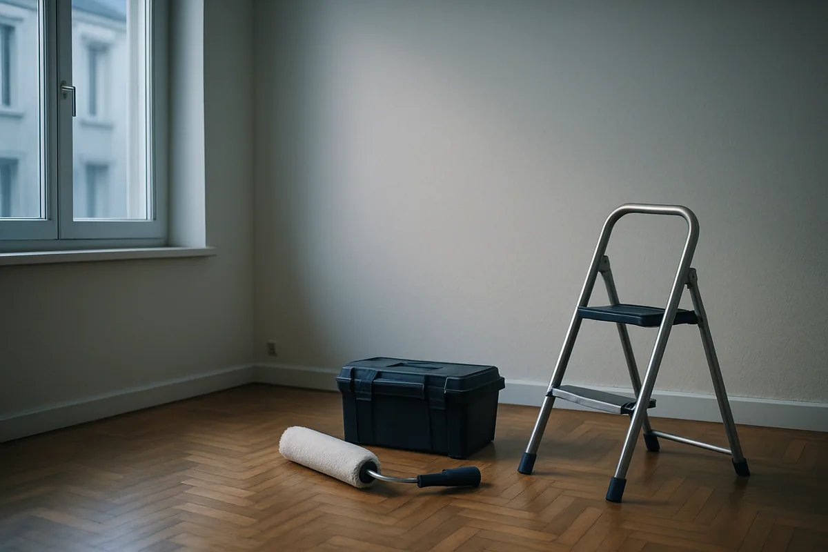 Image générée par IA, une pièce vide avec une boîte à outils, un rouleau de peinture et un escabeau près d'un mur fraîchement peint.