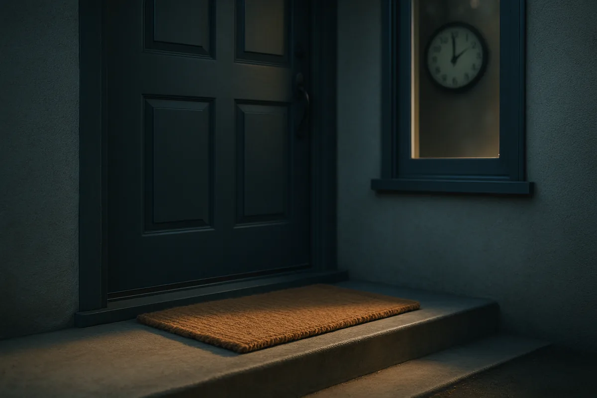 Image générée par IA, un seuil de porte vide avec un paillasson, dans la lumière du matin, comme si l'on attendait un colis.
