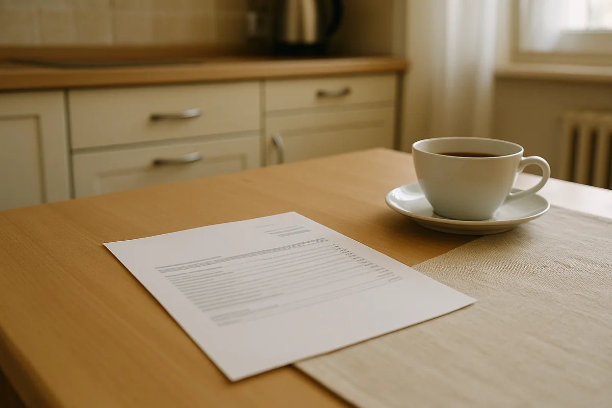 Retraitée consultant son relevé à la table de sa cuisine