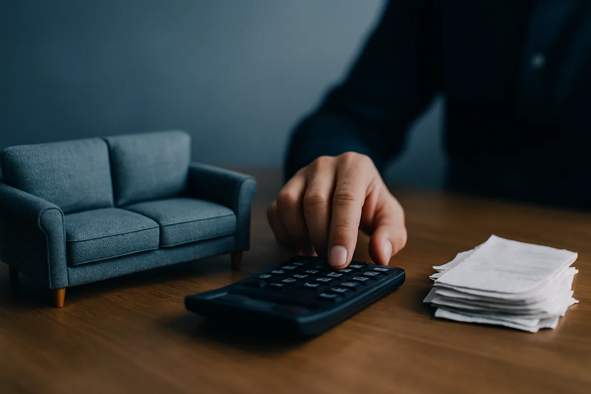 Image générée par IA, une main utilise une calculatrice près d'un petit canapé miniature et d'une pile de factures sur un bureau.