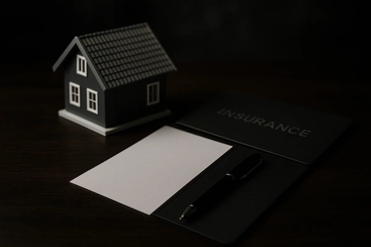 Image générée par IA, une petite maquette de maison et une pochette de documents sur un bureau sombre.