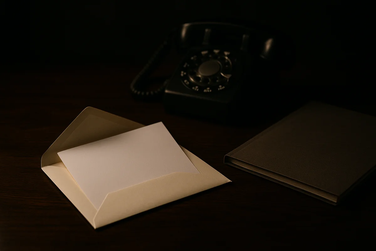 Image générée par IA, une enveloppe ouverte, un téléphone et une pochette de documents sur un bureau sombre.