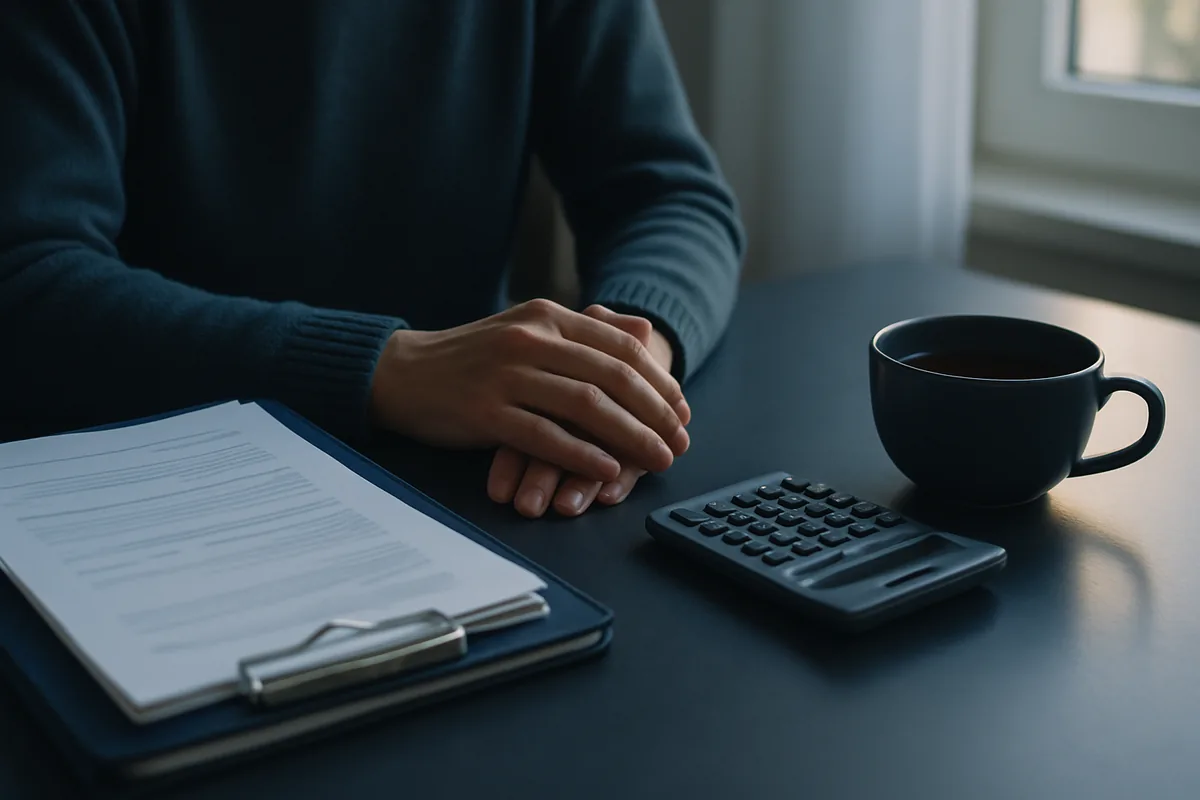 Image générée par IA, deux mains posées sur une table à côté d'un dossier de papiers, d'une calculatrice et d'une tasse de thé.