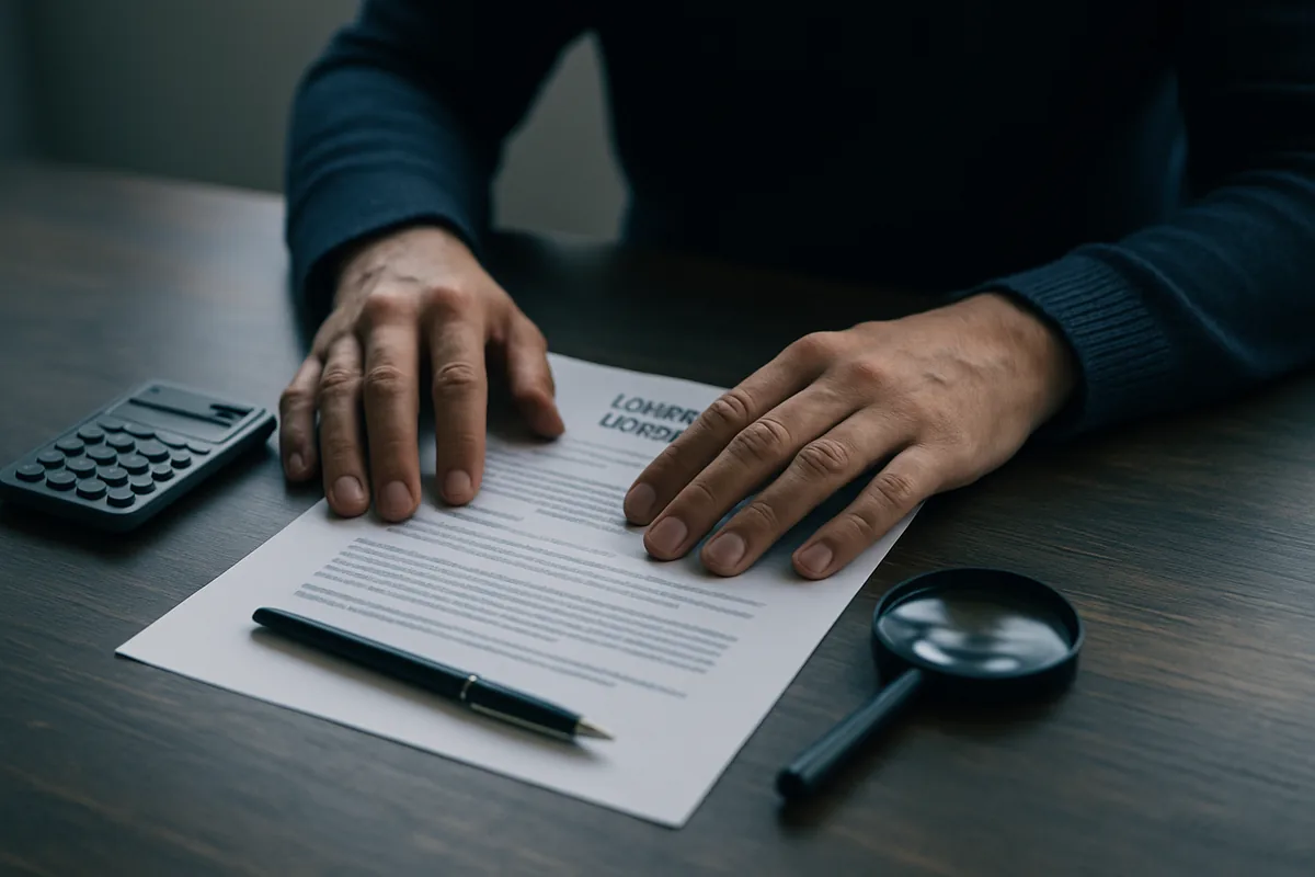 Image générée par IA, des mains posées sur un contrat de prêt à côté d'une calculatrice et d'une loupe.