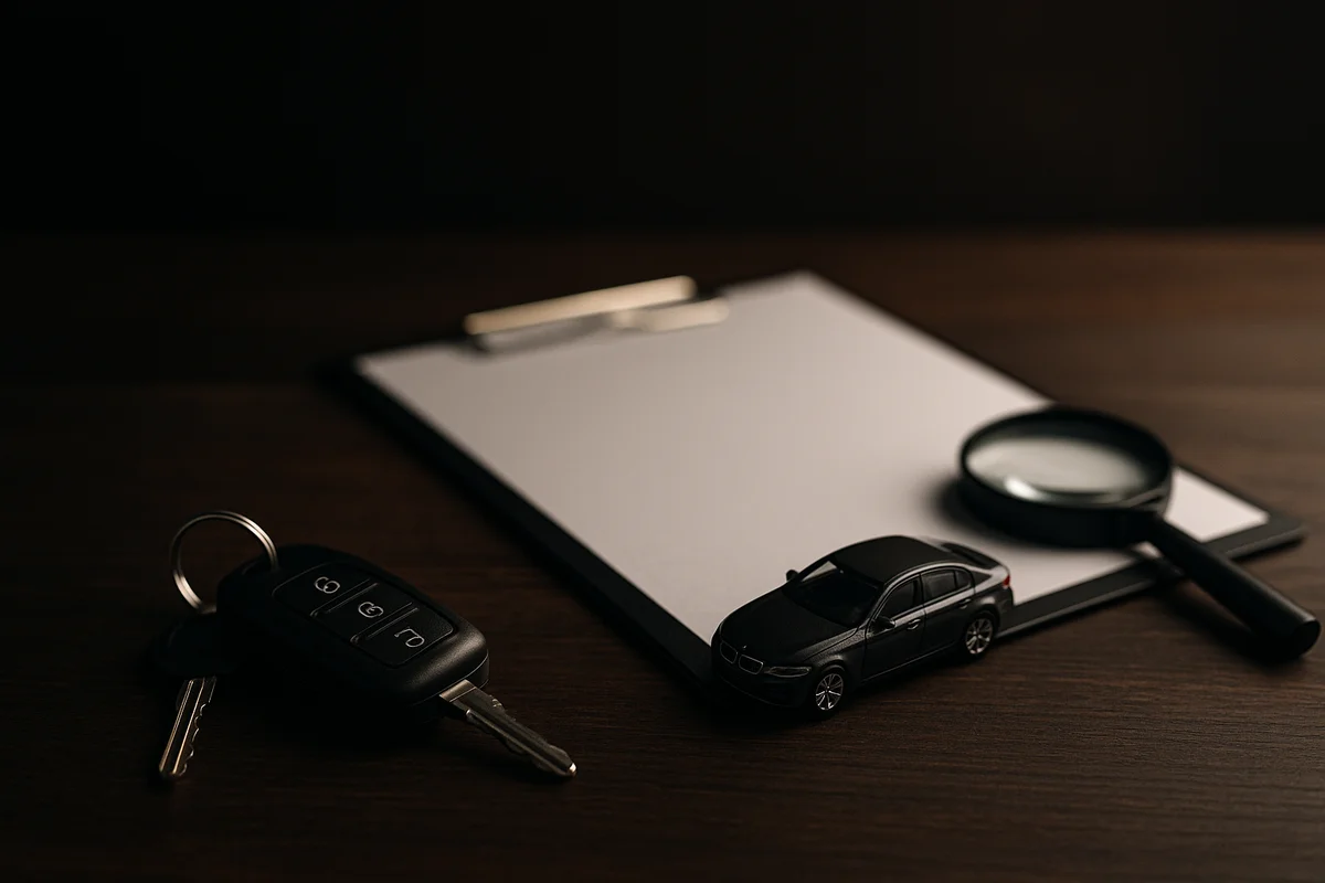 Image générée par IA, des clés de voiture, une petite maquette de voiture et une loupe posées sur un dossier.