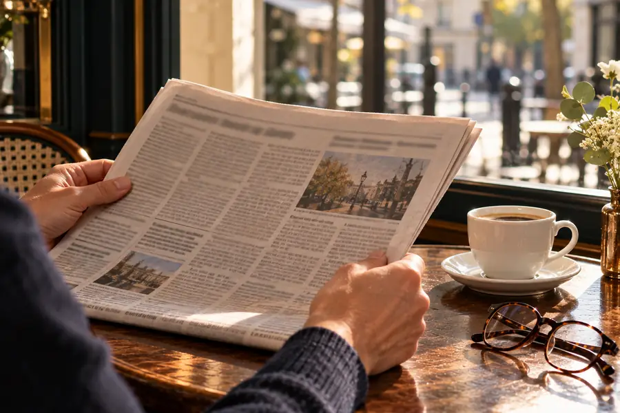 Une personne lit le journal à la table d'un café, un matin.