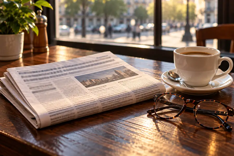 Un journal, une tasse de café et une paire de lunettes sur une table.